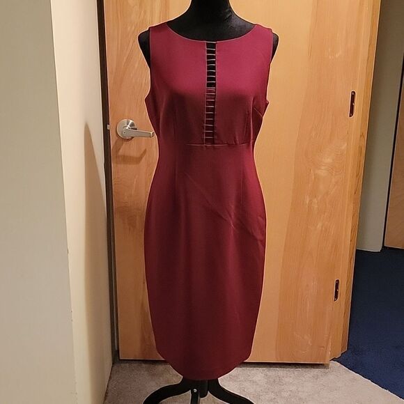 Elie Tahari wine color leather trim sheath dress sz 8 - Picture 1 of 12